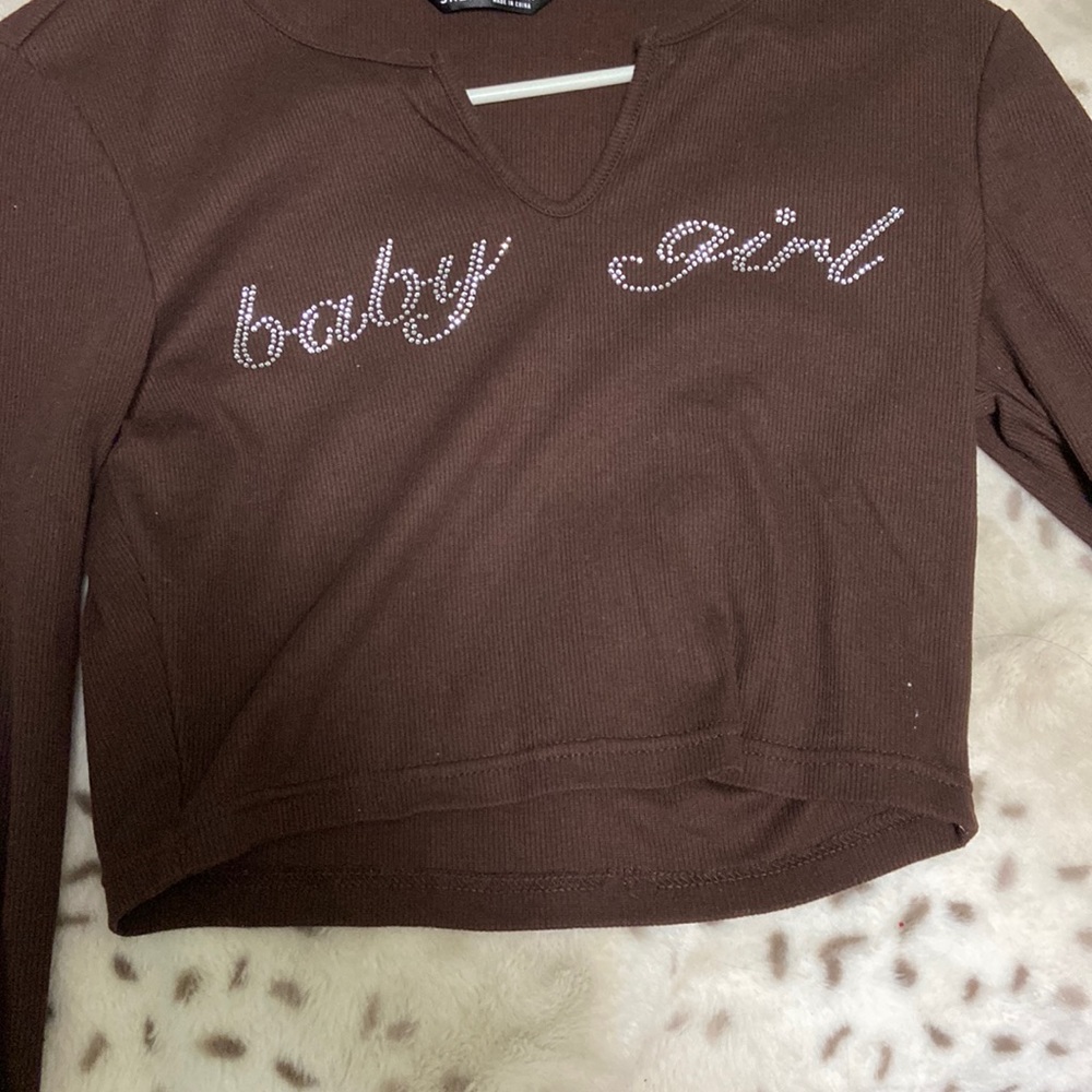 Baby girl rhinestone slit collar brown long sleeve crop top